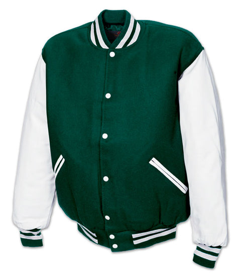 Maker of Jacket Varsity Jackets Green and White Letterman
